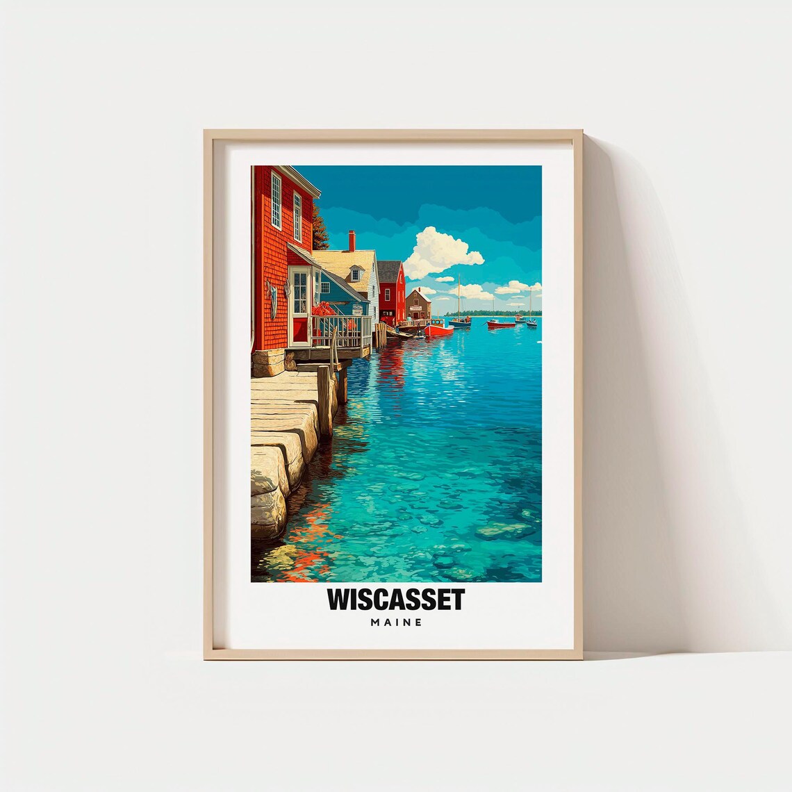 Wiscasset Maine Harbor Fishing Boats Waterfront Vintage Travel Poster