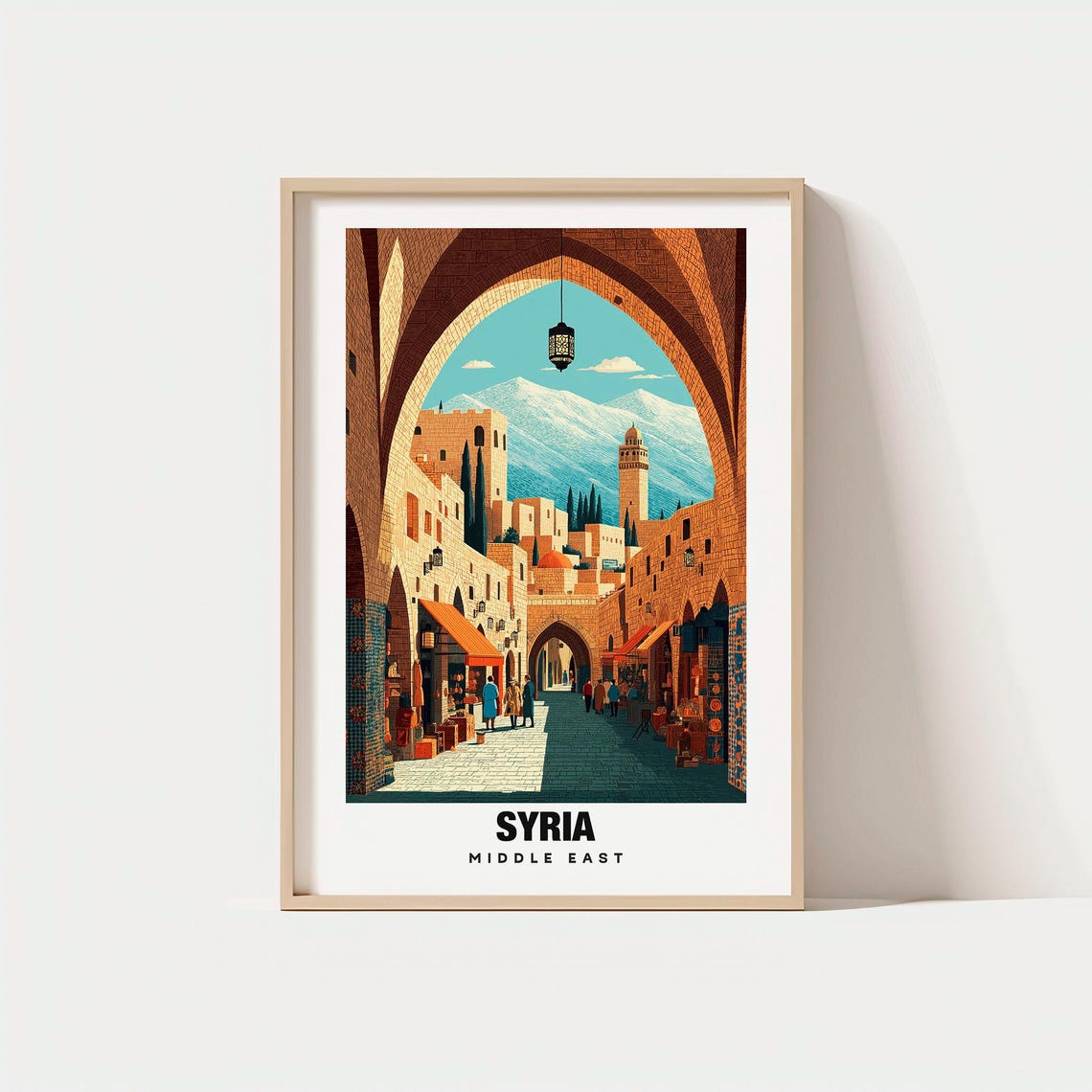 Syria Middle East Ancient Stone Souk Minaret Snowy Peaks Poster