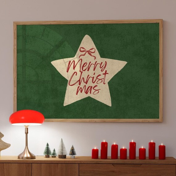 Merry Christmas Cream Star With Bow Deep Green Vintage Art Poster