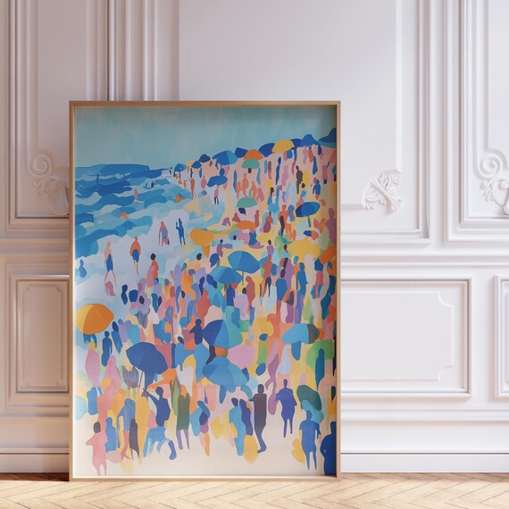 Abstract Beach Crowd Painting Colorful Swimmers Umbrellas Poster