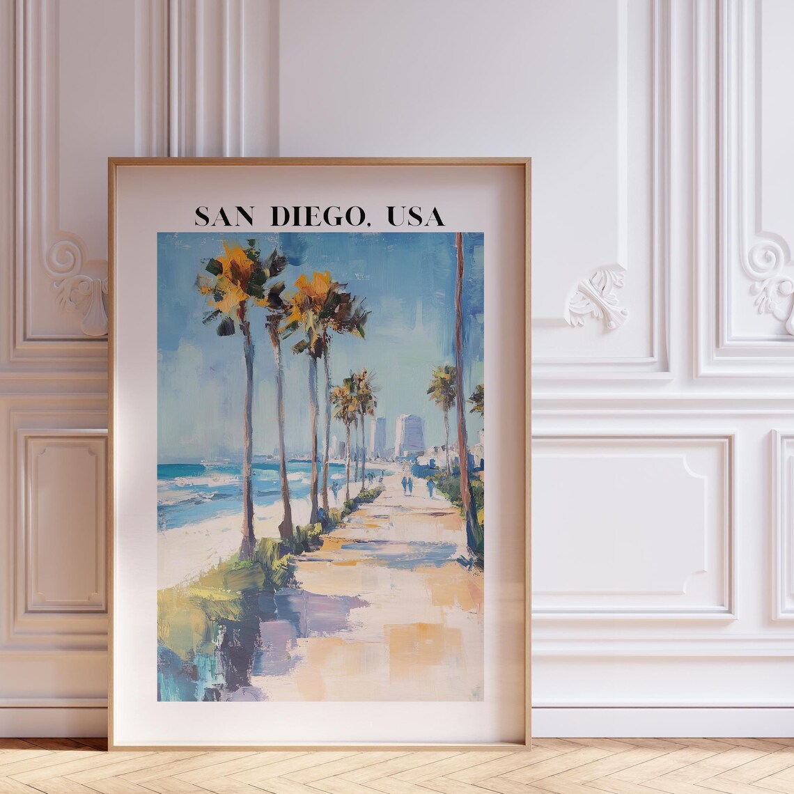 Sunny San Diego USA Palm Trees Beach Promenade Travel Art Poster