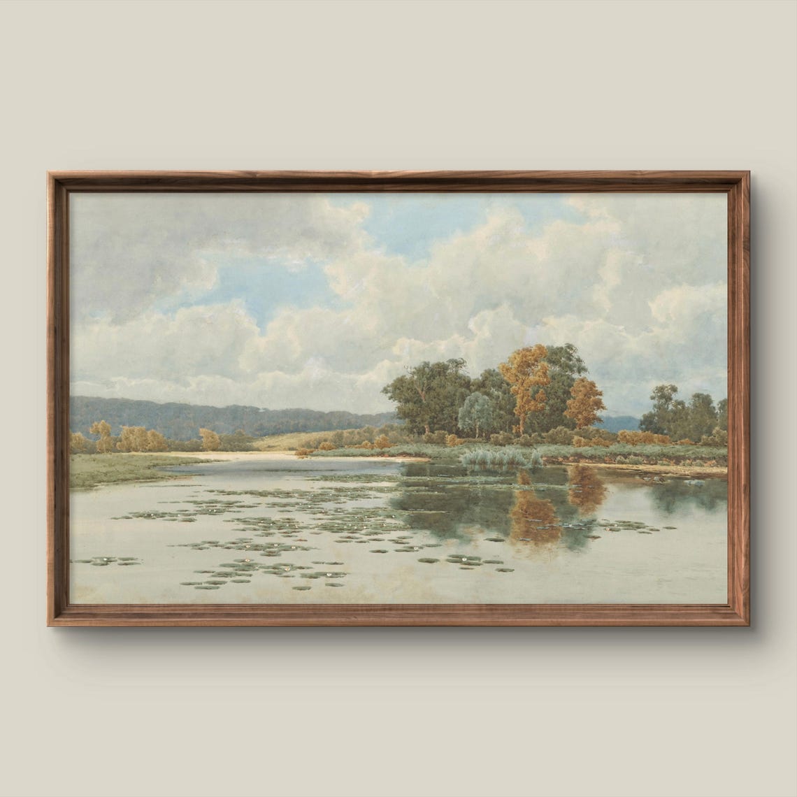 Still River Water Lilies Autumn Trees Vintage Landscape Poster