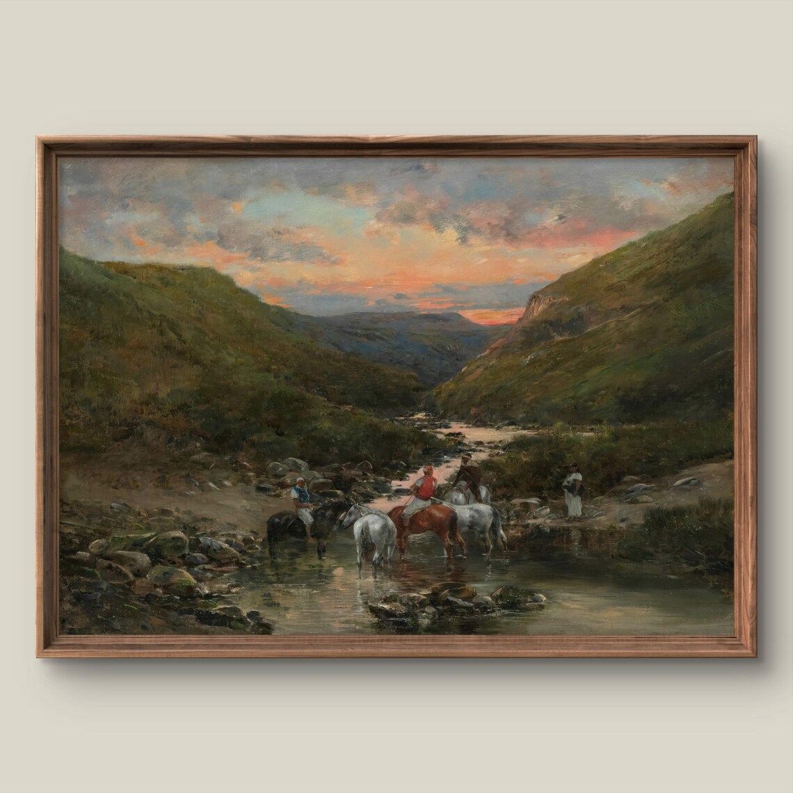 Riders Watering Horses at Sunset Stream Antique Valley Painting Poster