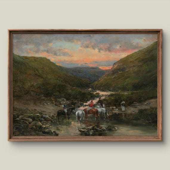 Vintage Mountain Landscape Art Print Nature Wall Decor Antique Painting Sunset Instant