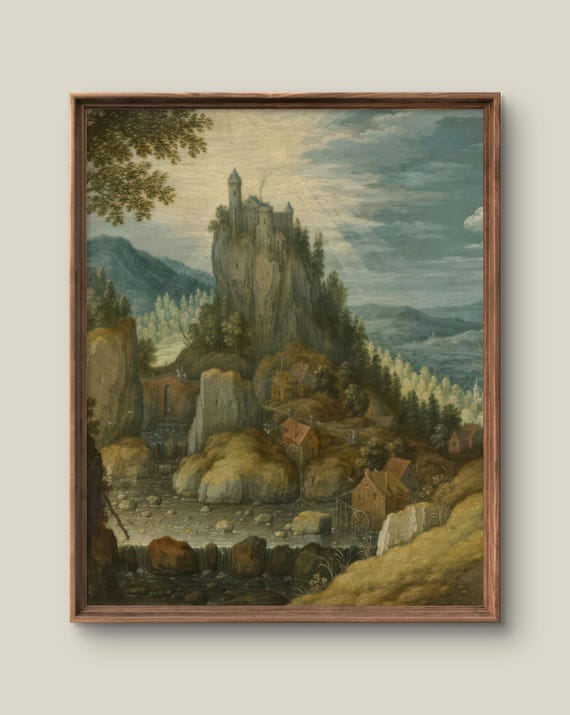 Vintage Fantasy Landscape Art Print Rustic Wall Decor Antique Summer Painting Magical Castle Instant