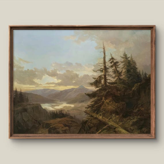 Vintage Summer Landscape Art Print Retro Wall Decor Antique Painting Mountain Instant