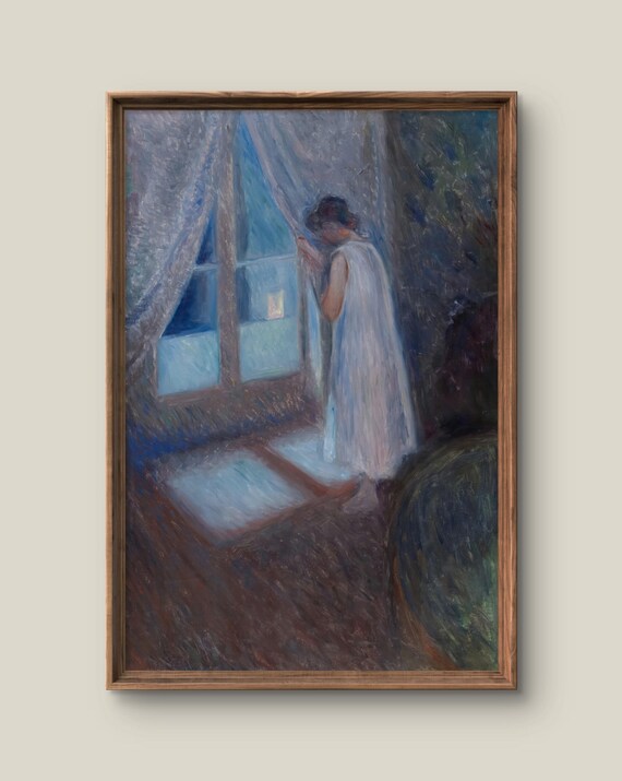 Woman Portrait Art Print Contemporary Wall Decor Impressionist Painting Moonlit Window Instant