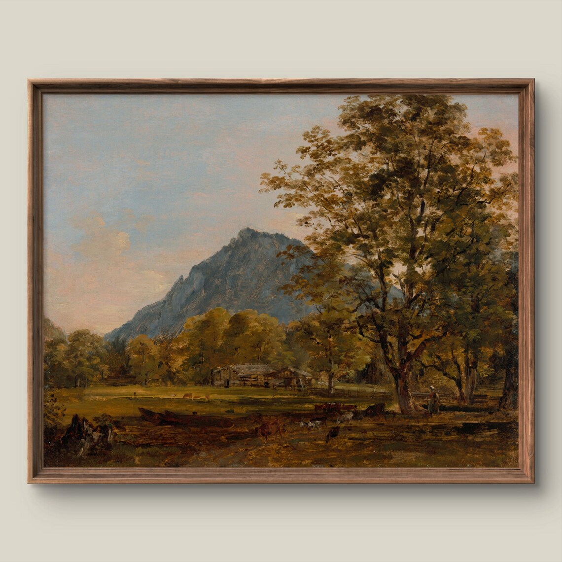 Autumn Countryside with Mountain Cabin and Cattle Vintage Painting Poster