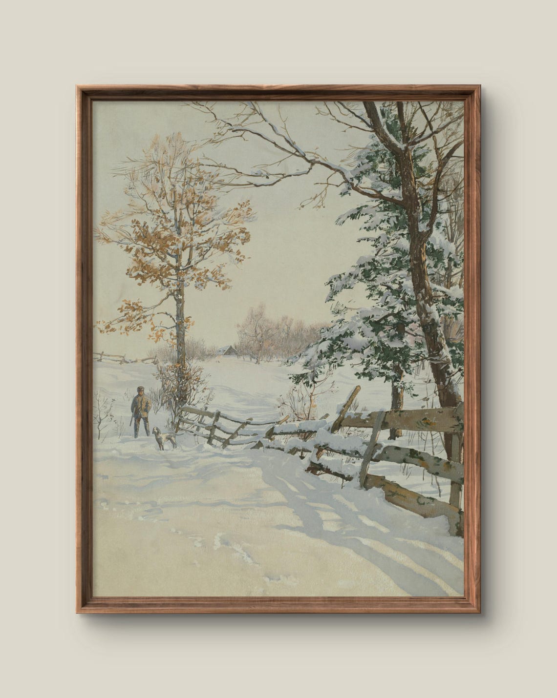 Vintage Winter Snowfall Hunter With Dog Rustic Village Art Print