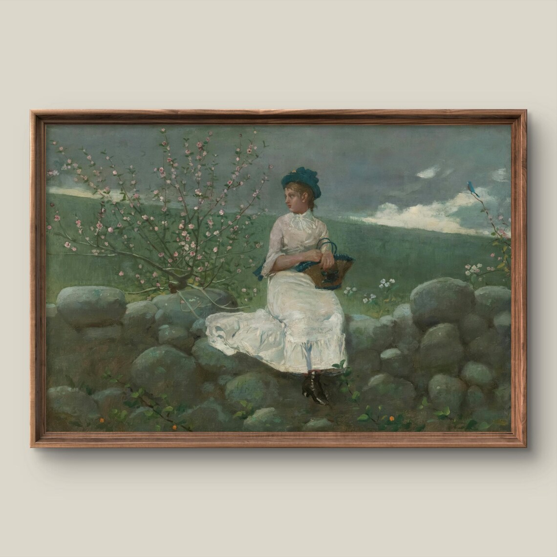 Woman in White Dress Among Rocks Vintage Oil Painting Poster
