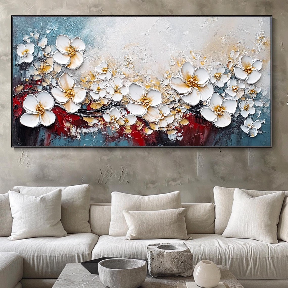 White Cherry Blossoms Red Teal Gold Abstract Floral Elegant Wall Art