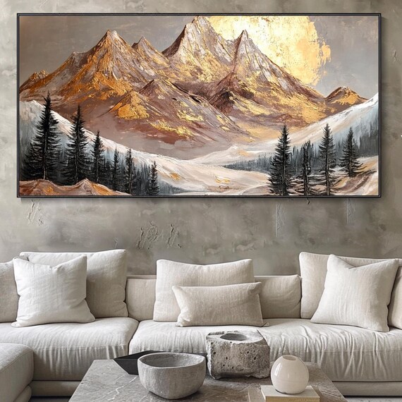 3d Impasto Textured Wall Art Original Mountain Painting On Beige Golden Abstract Art Neutral Wall Art Modern Living Room Art