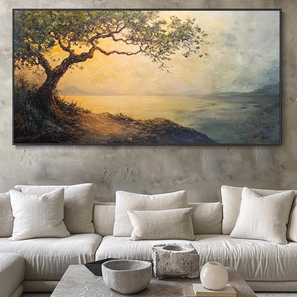 Coastal Cliff Lone Tree Golden Sunset Calm Sea Misty Hills Poster