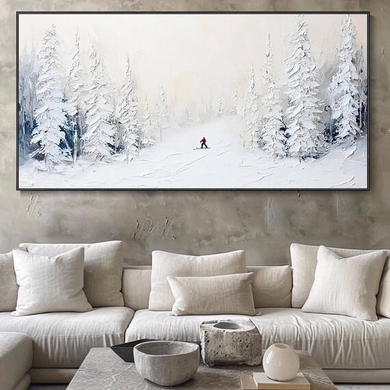 On Snowy Pine Tree Forest Painting Original Ski Sport 3d Texture Wall Art Personalized Gift Snowy Mountain Art White Snow Skiing Art