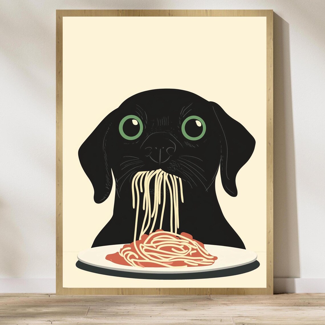 Funny Black Dog Spaghetti Poster Cute Cartoon Dog Slurping Pasta Art