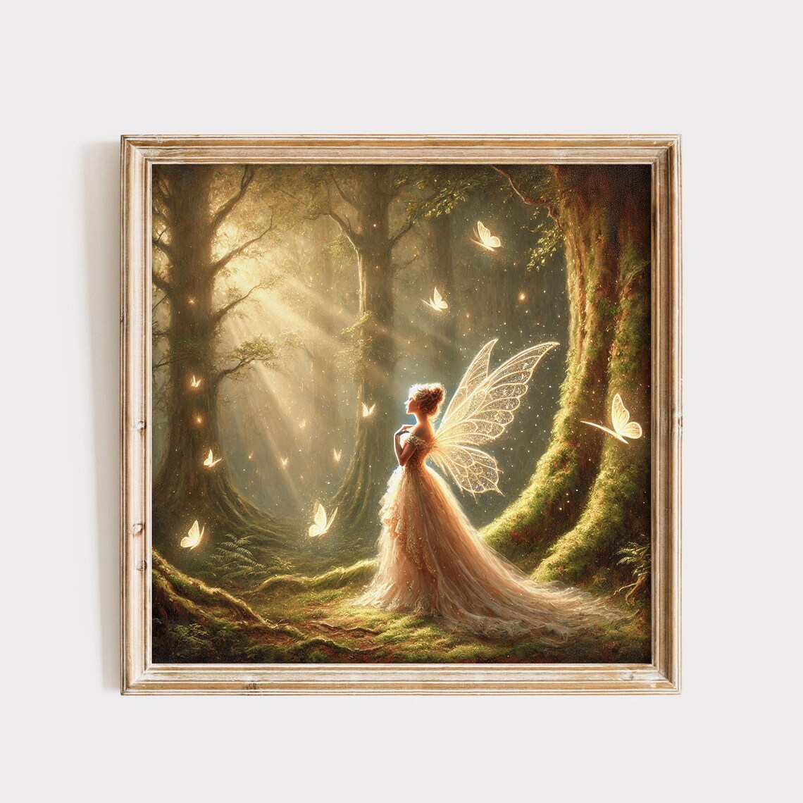 Ethereal Fairy In A Golden Gown Among Glowing Butterflies Poster