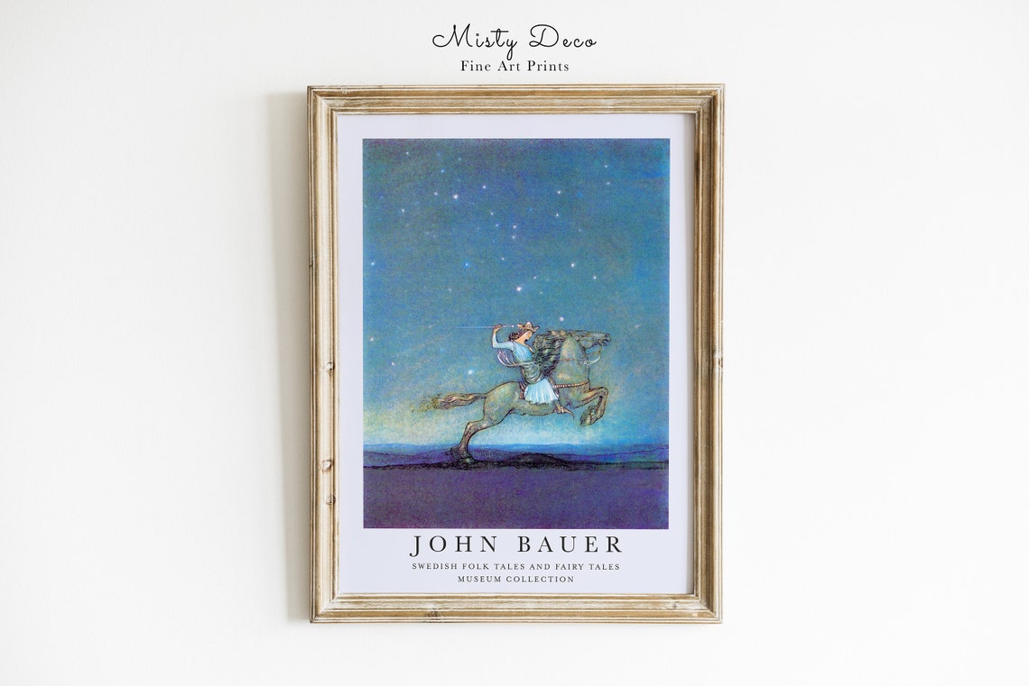 John Bauer Night Rider Starry Sky Horse Fairy Tale Vintage Art Print