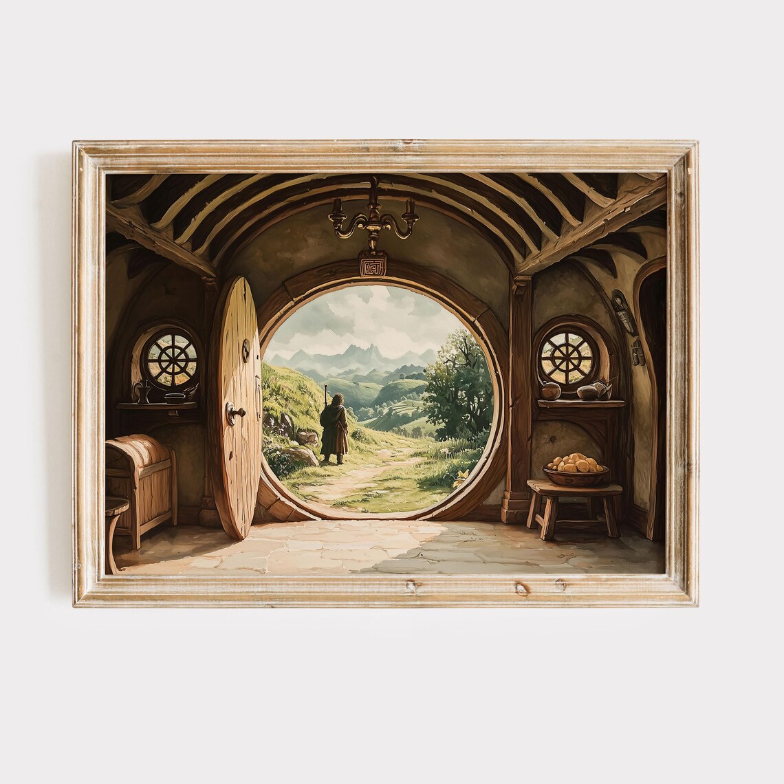 Hobbit Hole Round Door Fantasy Poster Cozy Interior Looking To The Shire
