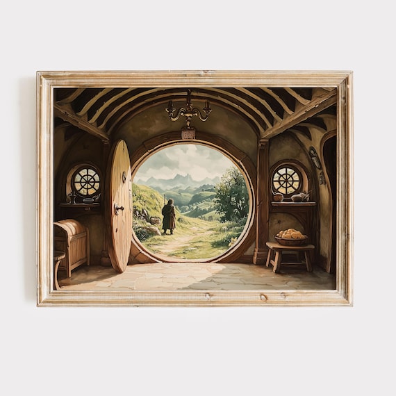 Hobbit Hole Round Door Fantasy Poster Cozy Interior Looking To The Shire