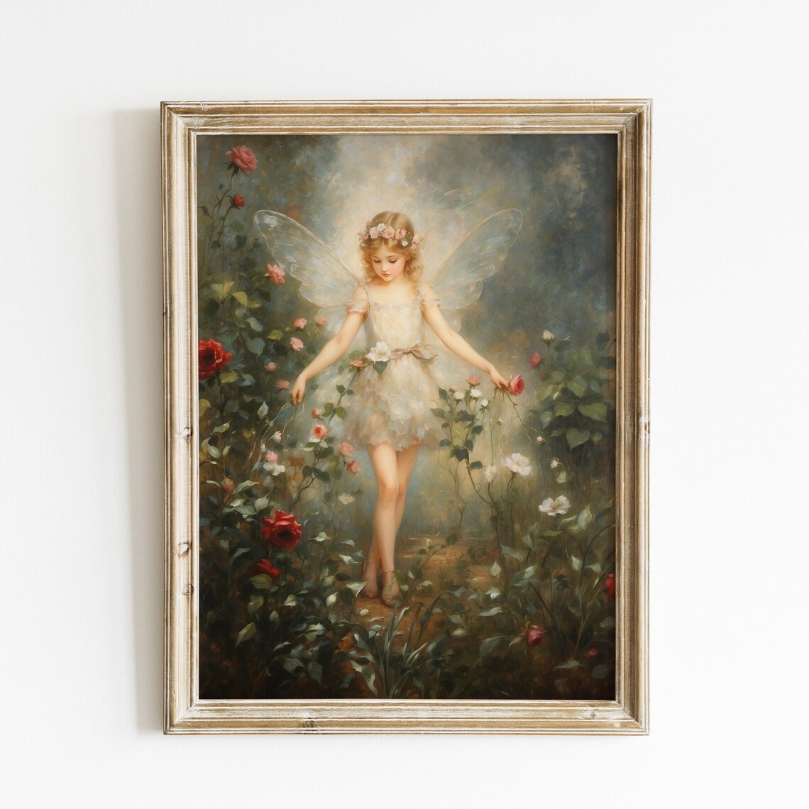Victorian Rose Garden Fairy Girl Among Blooming Roses Oil Print