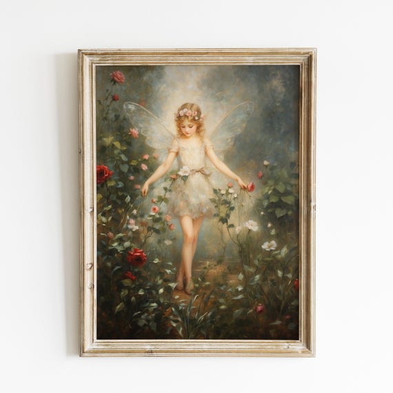 Victorian Rose Garden Fairy Oil Painting Vintage Wall Art For Nursery