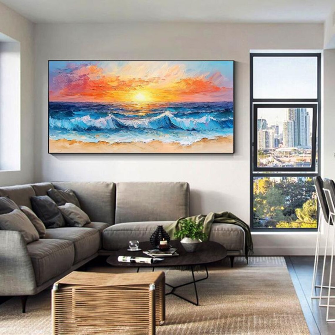 Ocean Sunset Beach Waves Over Golden Horizon Coast Painting Poster - Image 2