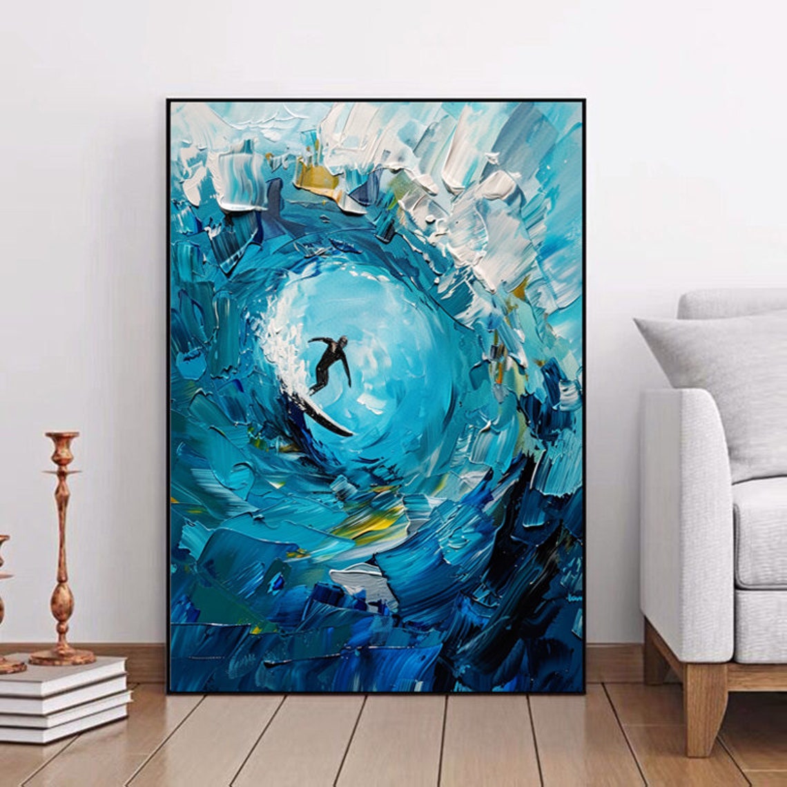 Bold Surfer Riding Deep Inside a Towering Blue Ocean Wave Poster