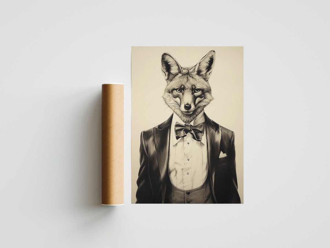 Dapper Fox in a Tuxedo Pencil Sketch Monochrome Portrait Poster - Image 3