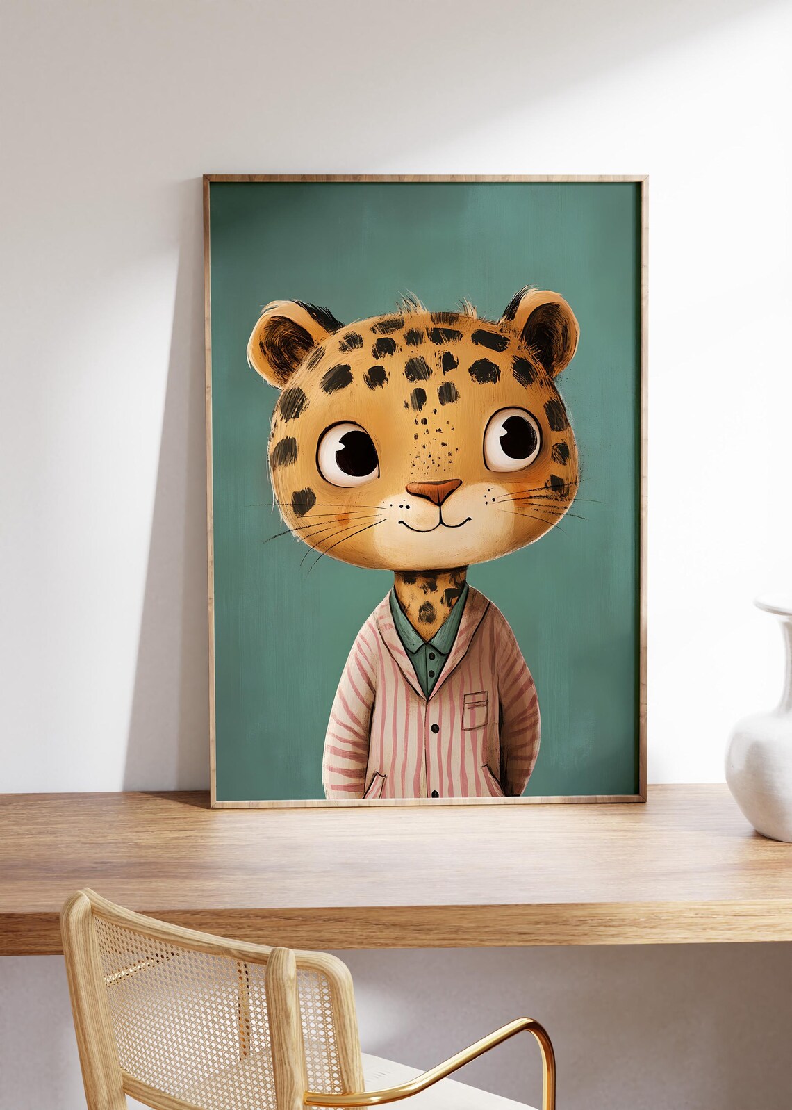 Adorable Spotted Big Cat Cub in Striped Pajamas Green Poster - Image 4