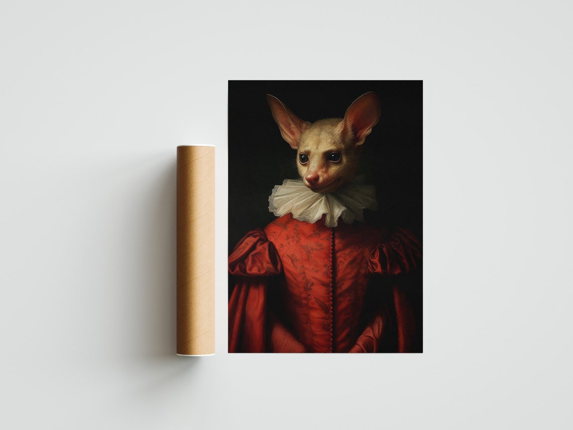 Bat in a Red Baroque Dress with White Ruff Gothic Portrait Poster - Image 2