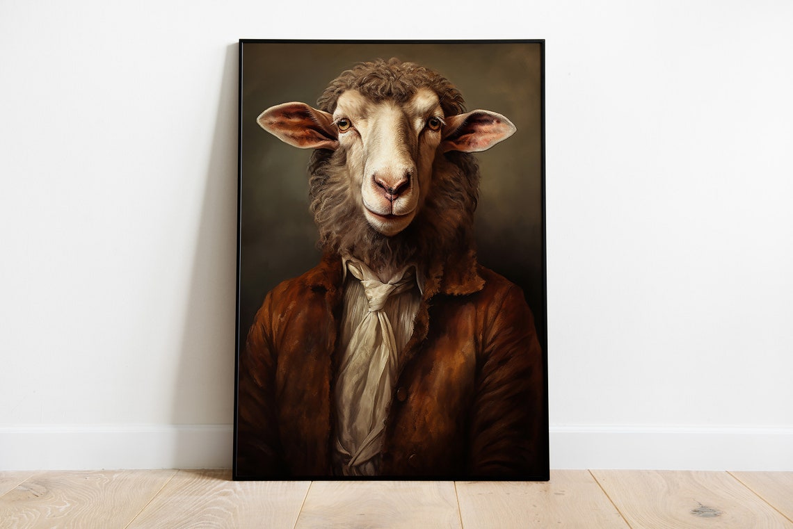 Sheep Gentleman Portrait Brown Jacket Classic Oil Style Poster