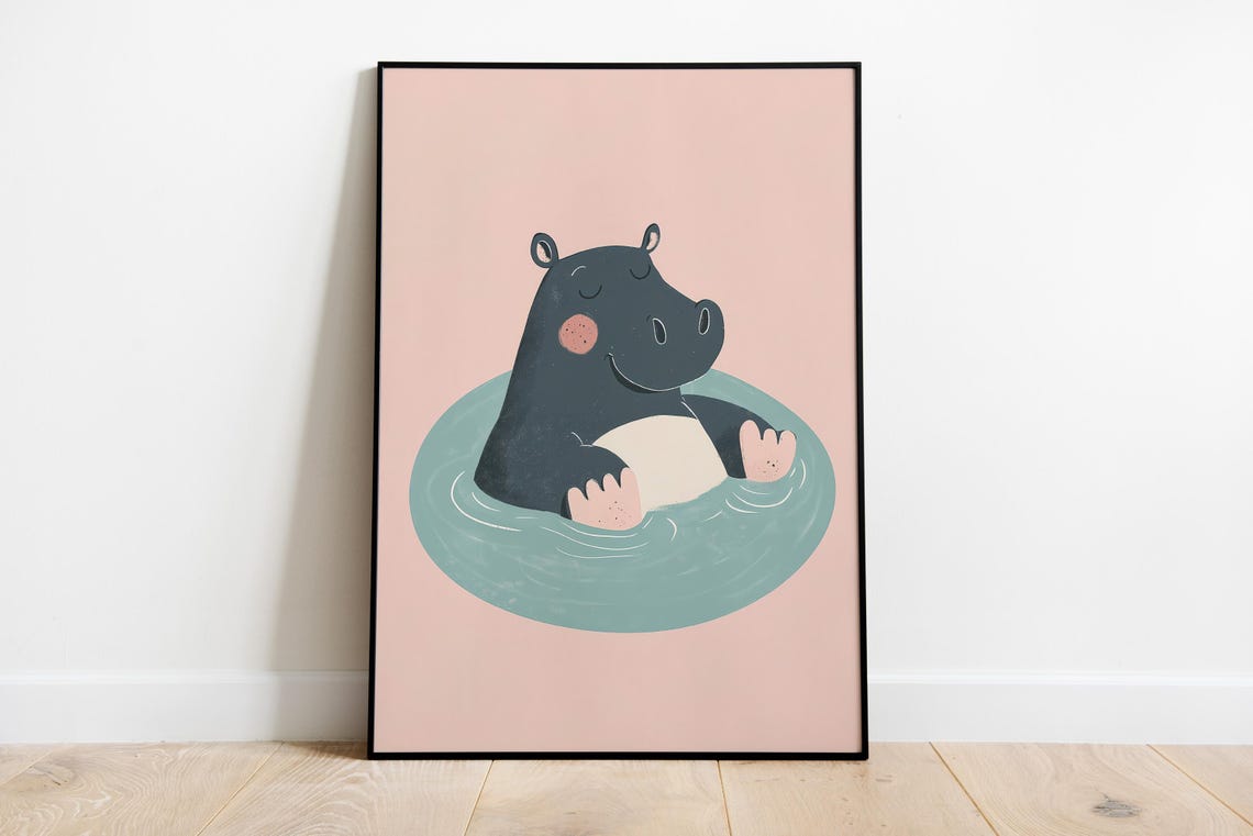 Cute Happy Hippo Soaking in a Pool Blush Pink Nursery Poster
