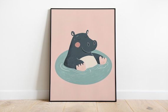 Cute Happy Hippo Soaking in a Pool Blush Pink Nursery Poster