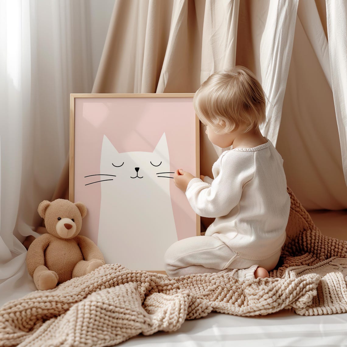 Cute Minimalist Sleeping White Cat Blush Pink Nursery Poster - Image 5