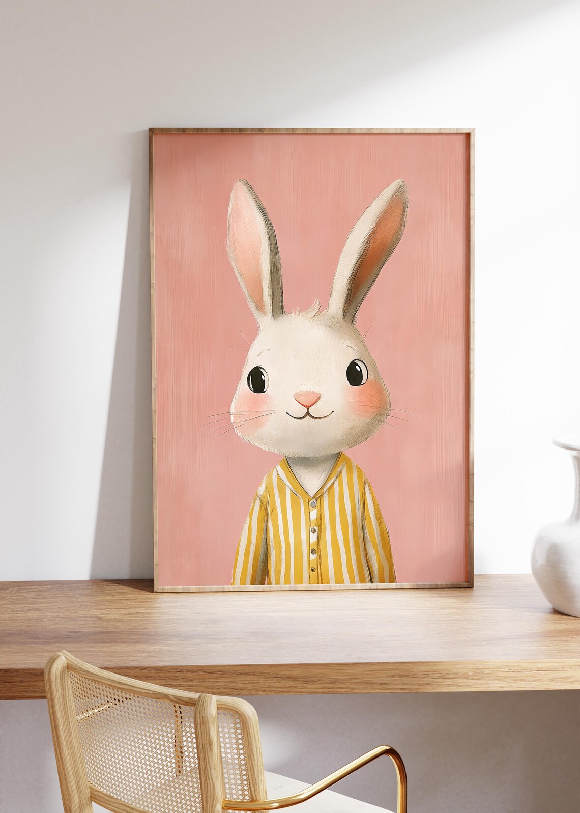 Adorable White Bunny in Striped Pajamas Pink Kids Nursery Poster - Image 4