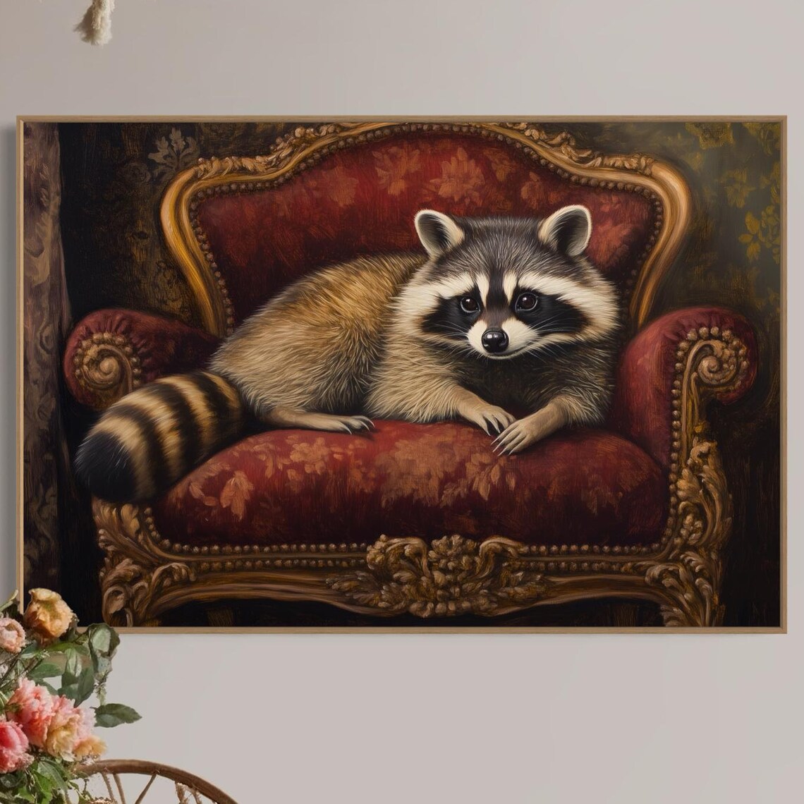 Whimsical Raccoon Lounging Red Baroque Velvet Chair Cute Animal Wall Poster