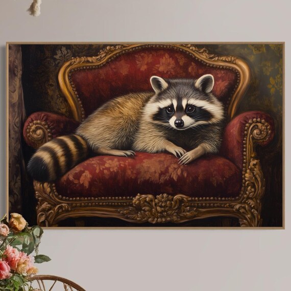Whimsical Raccoon Lounging Red Baroque Velvet Chair Cute Animal Wall Poster