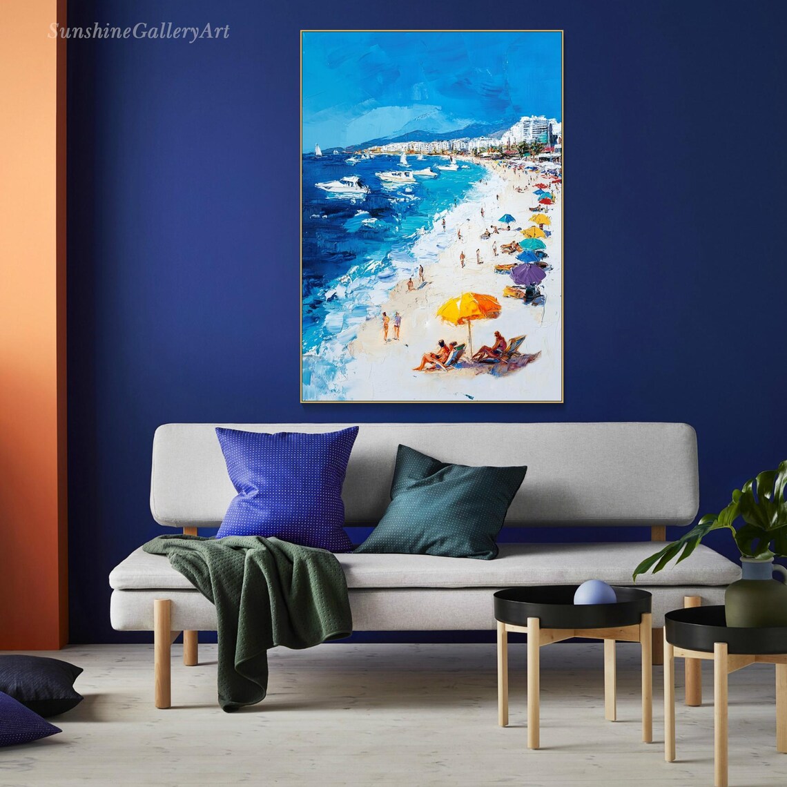 Sunny Beach Day Oil Painting Colorful Umbrellas Sailboats Blue Sea Coastal Art Poster - Image 3