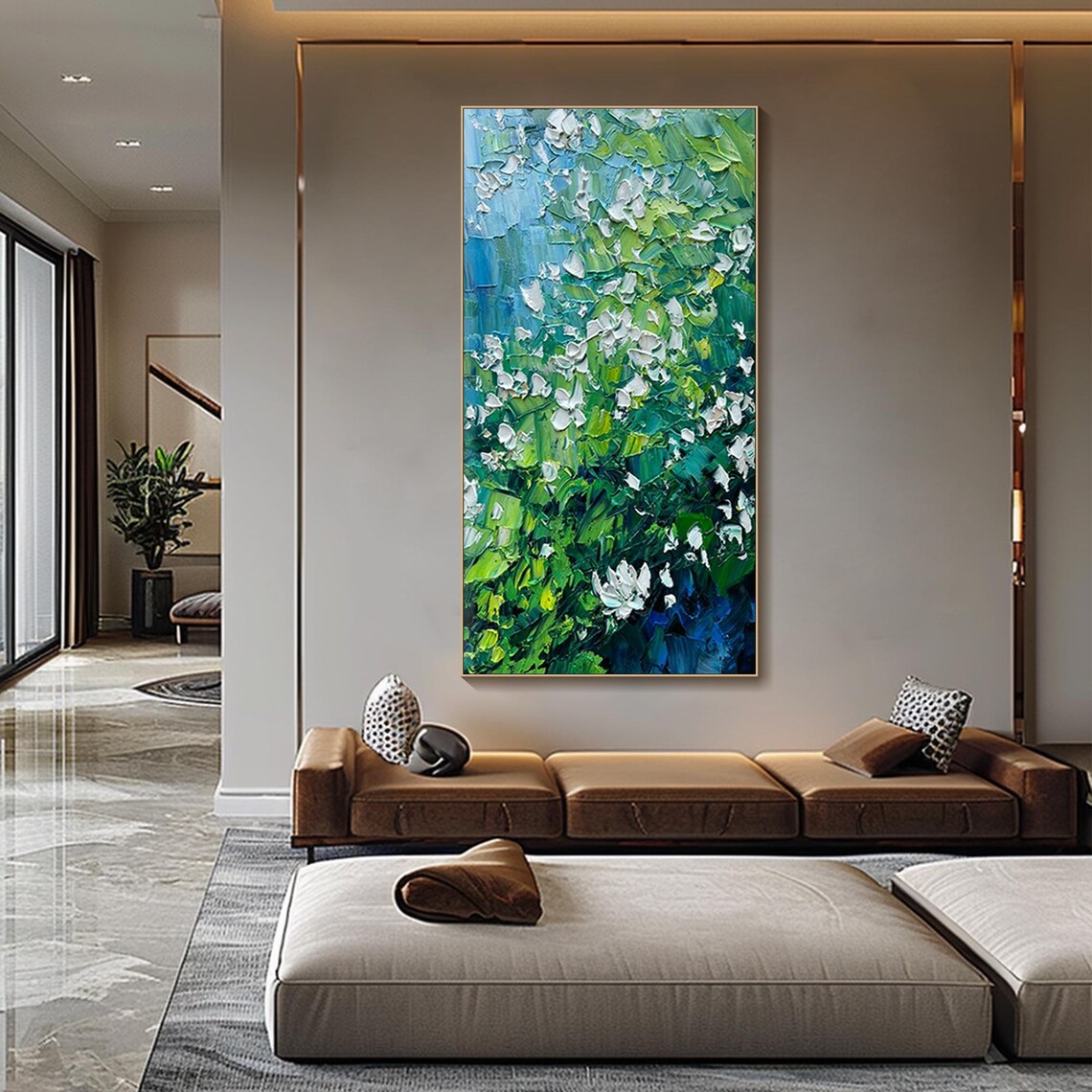 Green Foliage White Blossoms Abstract Impasto Oil Painting Vertical Botanical Poster - Image 2