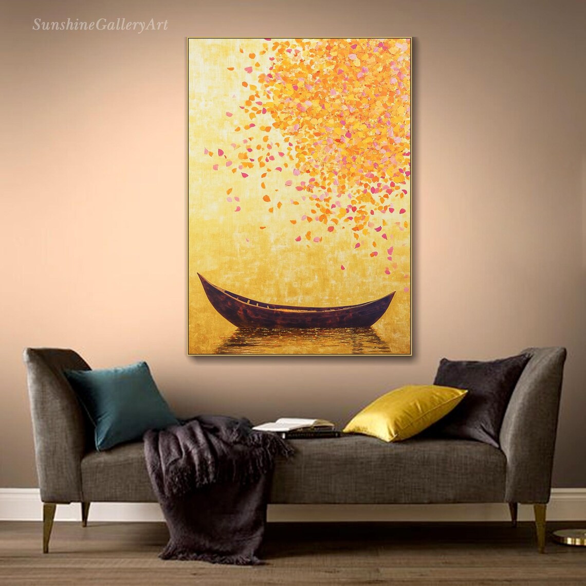 Wooden Canoe on Golden Water Falling Petals Oil Painting Serene Minimalist Poster - Image 3