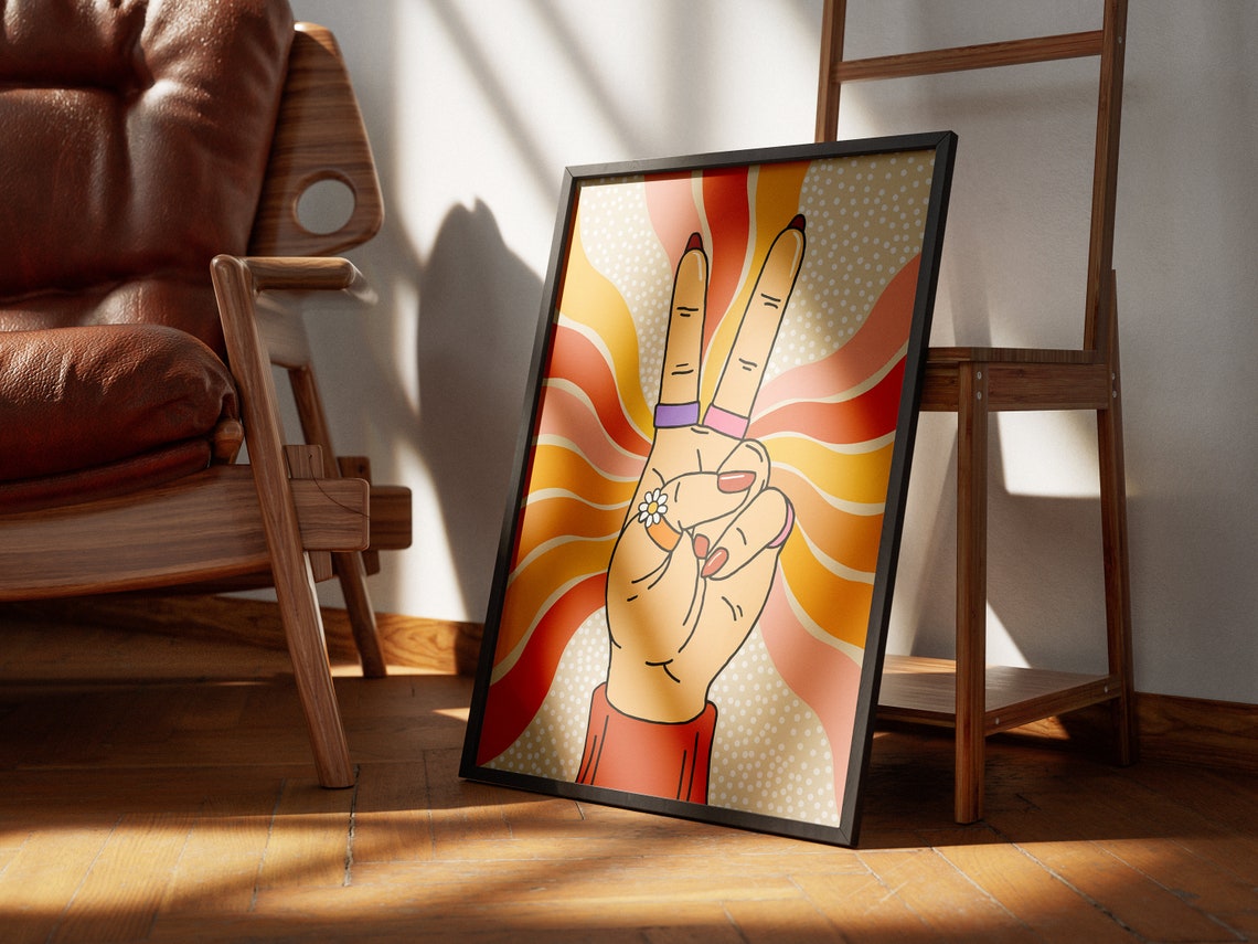Groovy Retro Peace Sign Hand Warm Sunburst Wall Poster Art Decor - Image 3