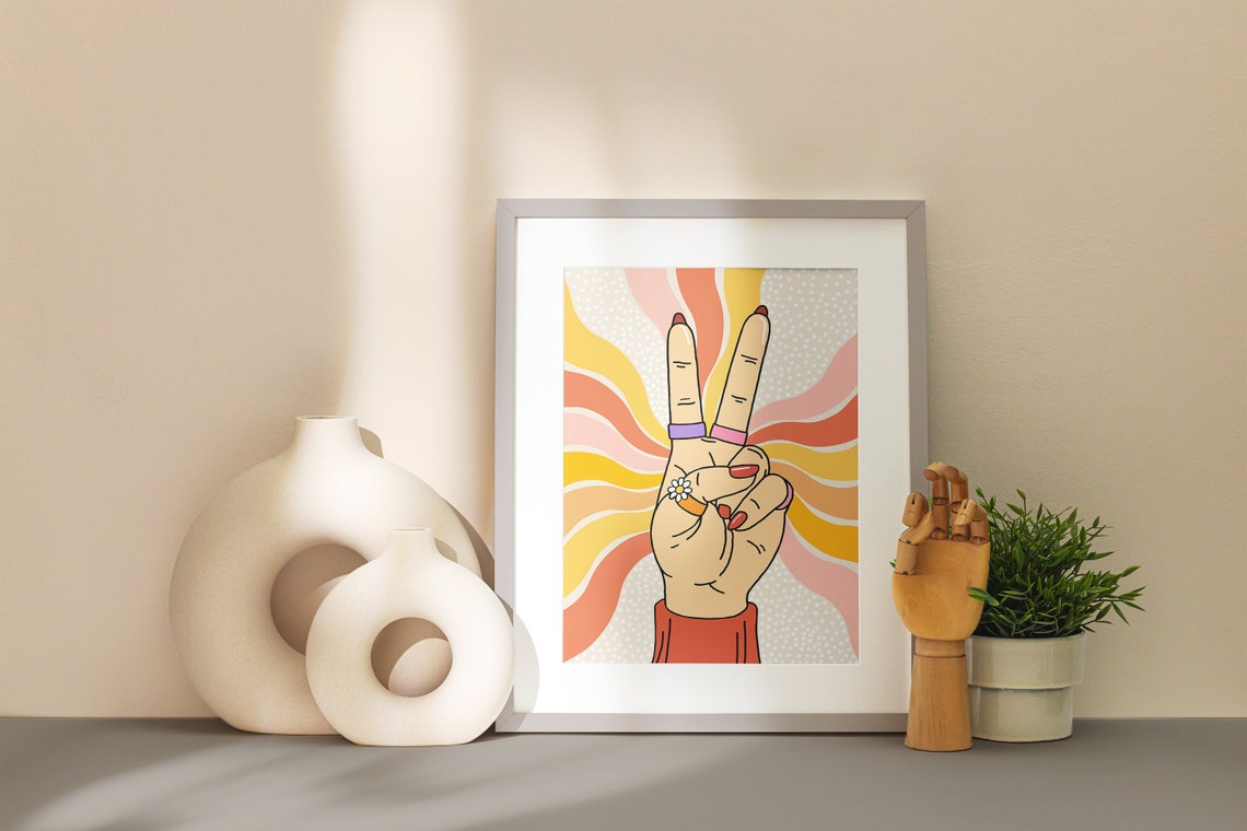 Groovy Retro Peace Sign Hand Warm Sunburst Wall Poster Art Decor - Image 2