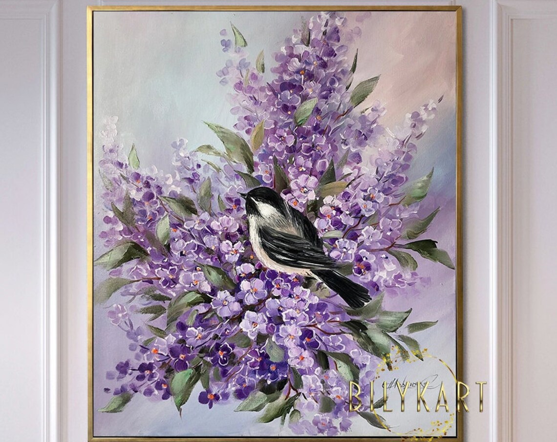 Bird in Tree, Purple Flowers Oil Painting Art Print