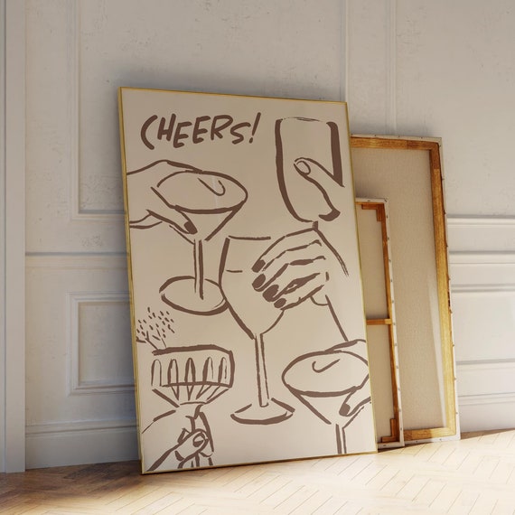 Cheers Hand Drawn Brown Print, Eclectic Kitchen Decor
