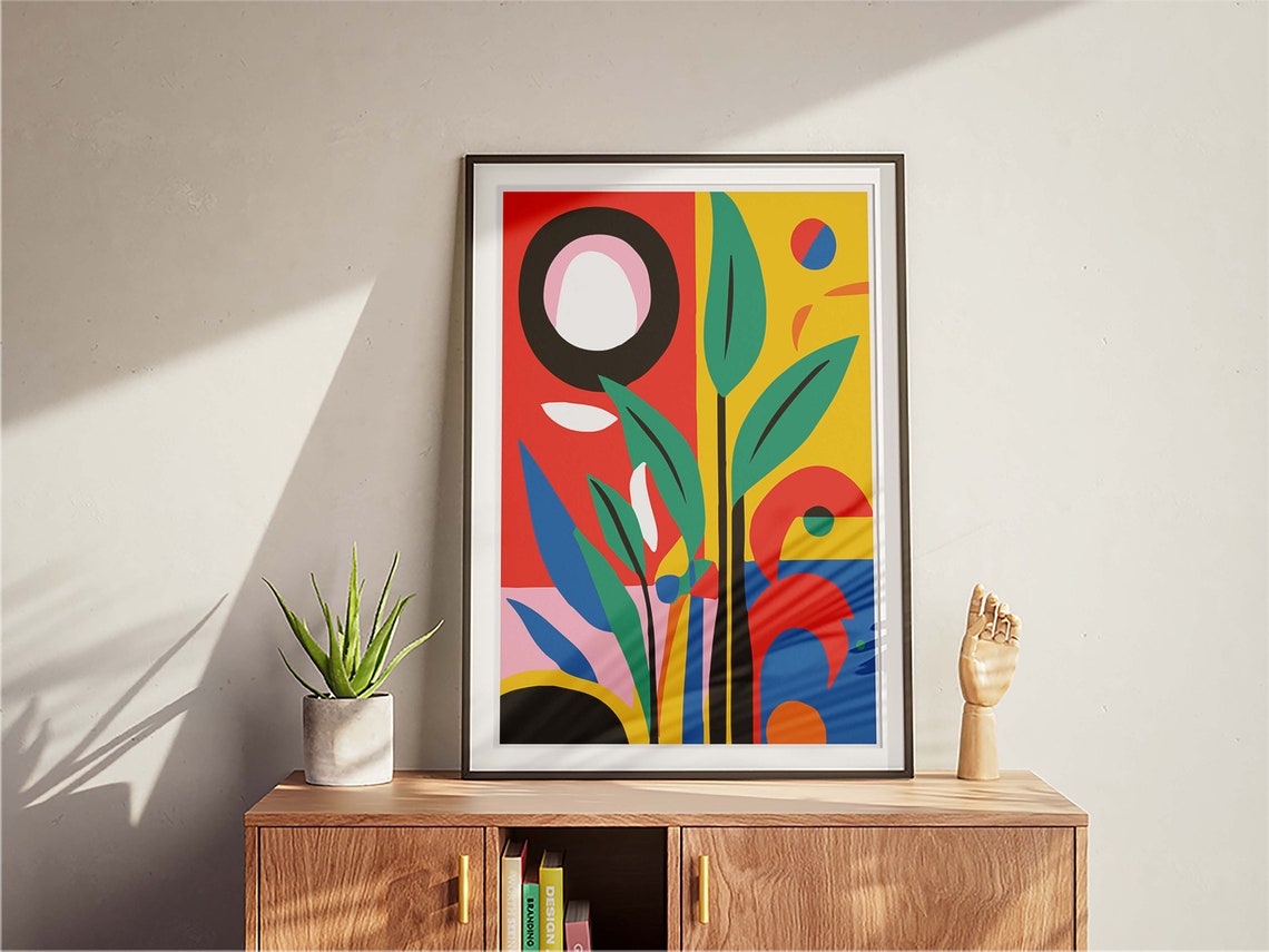 Colorful Abstract Botanical Red Yellow Green Leaf Modern Art Poster - Image 3