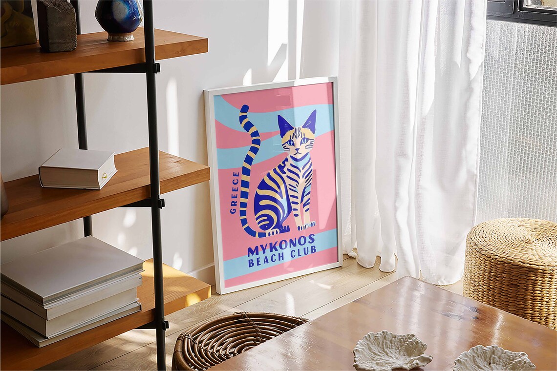 Mykonos Beach Club Greece Cat Colorful Retro Travel Wall Art - Image 4
