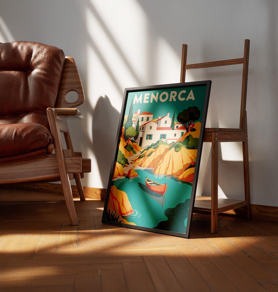 Menorca Spain Retro Travel Poster Turquoise Cove Village Boat