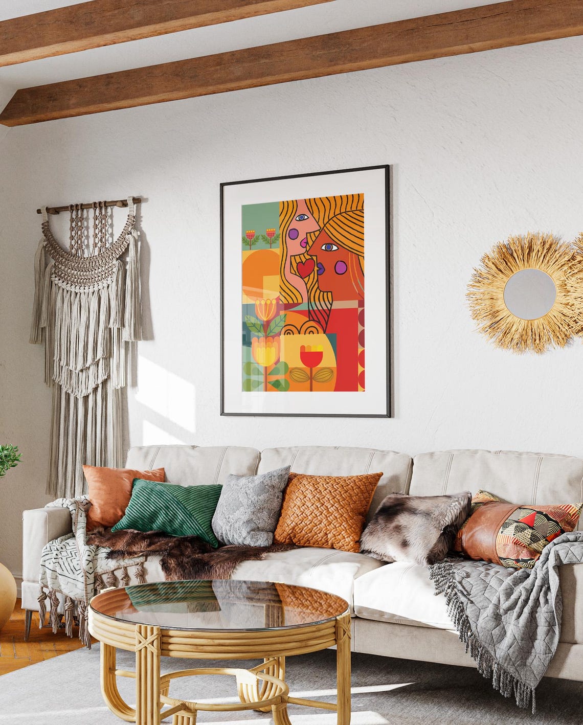 Colorful Abstract Two Women Faces Flowers Retro Pop Art Poster