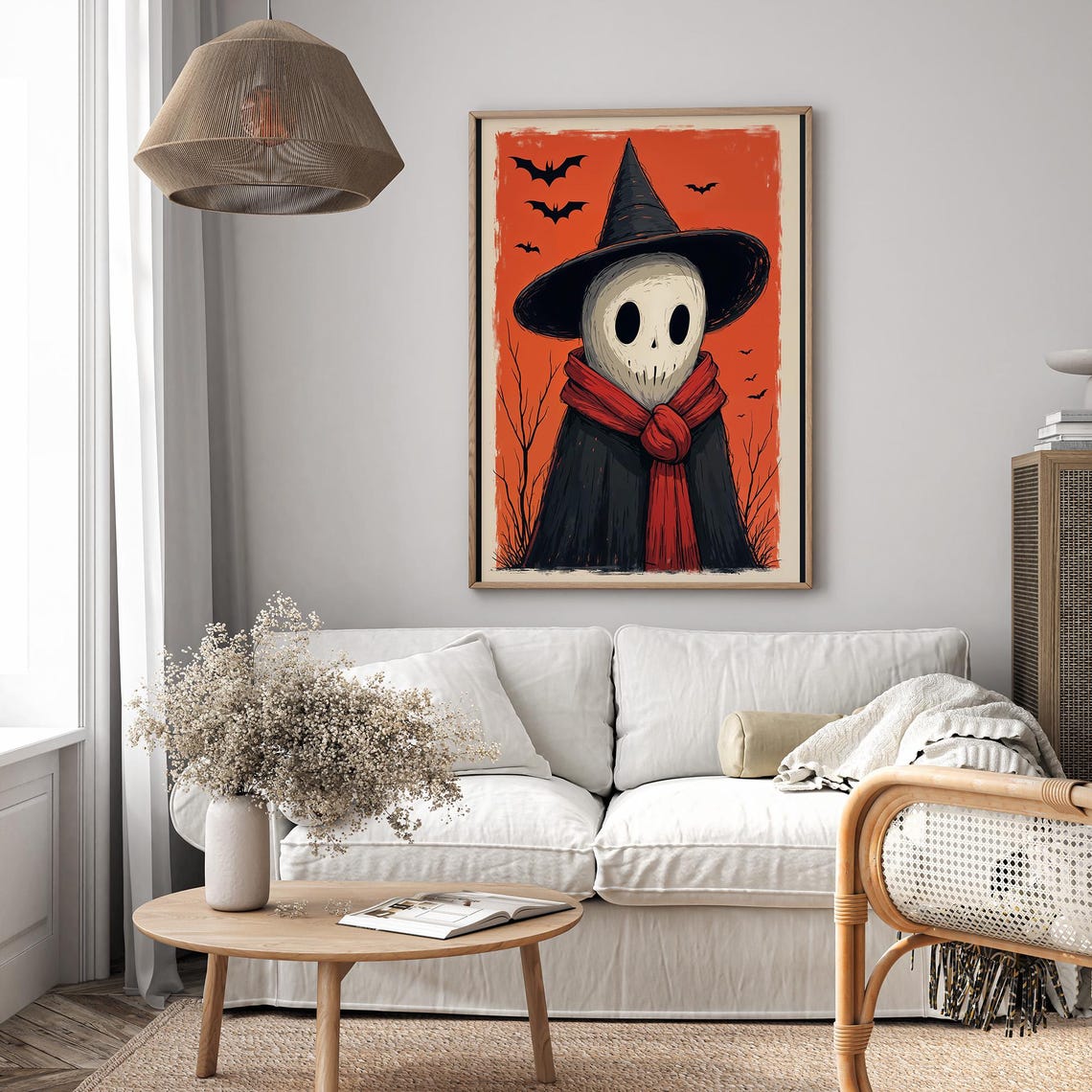 Cute Ghost Witch With Red Scarf On Orange Bats Background Poster