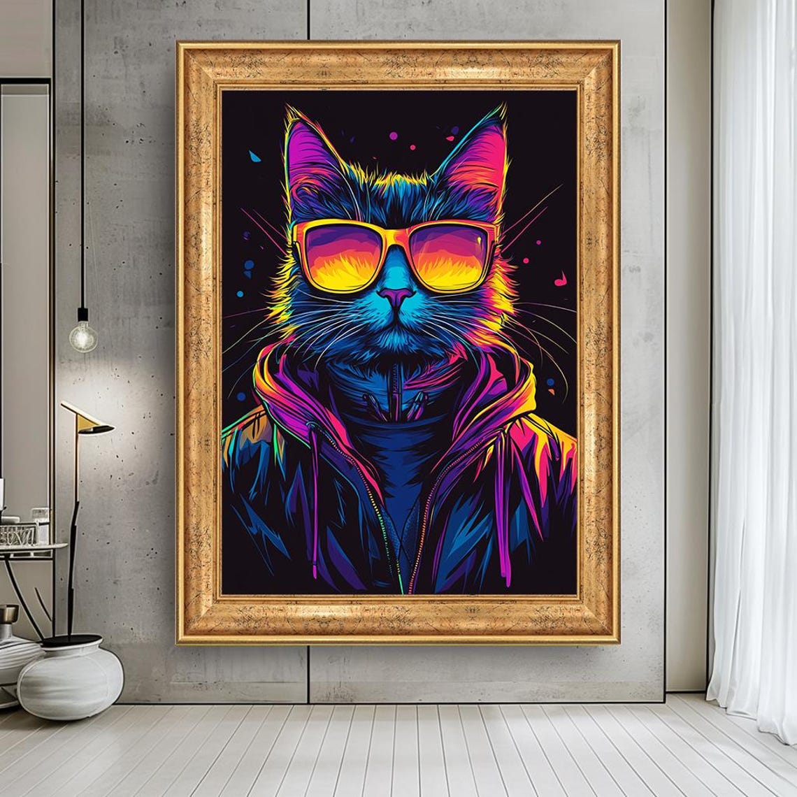 Neon Pop Art Cat With Cool Sunglasses Colorful Hipster Wall Art